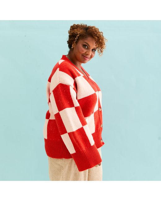 Cara & The Sky Red Candice Checked Wide Sleeve Cardigan