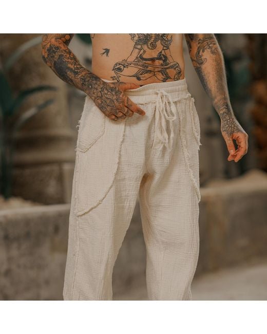 Zhenabia White Tribe Pants Boho Cotton Summer Pants for men