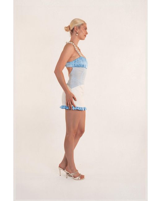 Clerestory Blue Luscia Pearl Strap Mesh-Waist Linen Mini