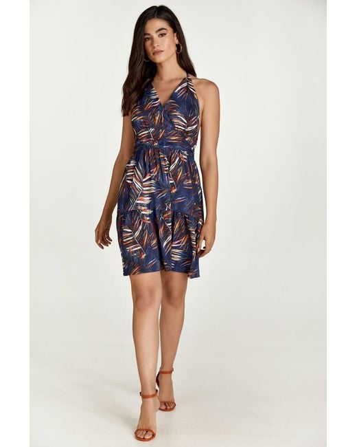 Conquista Blue Leaf Print Empire Line Mini Dress