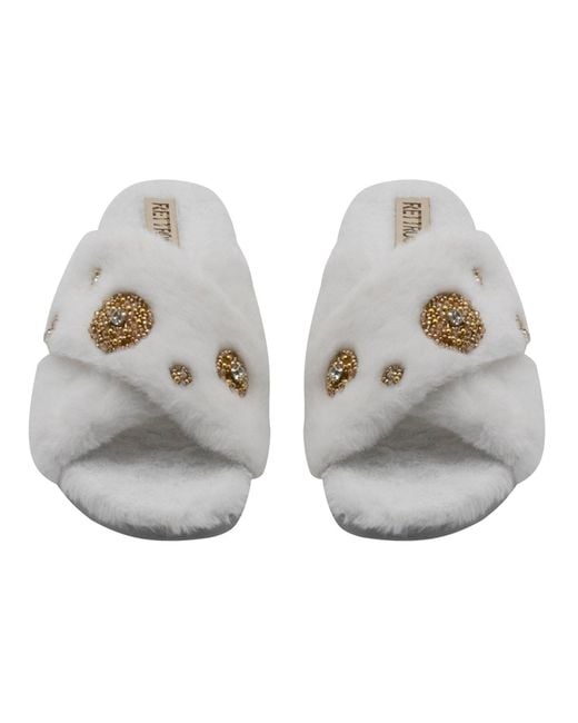 Rettrose Metallic Neutrals Juliette Cream Luxury Plush Diamanté Embellished Handmade Slipper