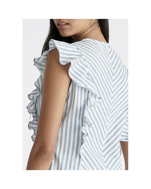 Paisie Blue Striped Frilled Cotton Blouse In Light
