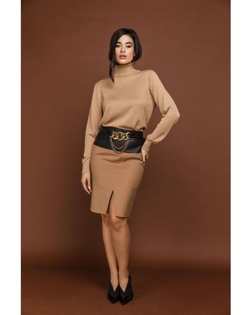 Conquista Brown Camel Striped Pencil Skirt By Si Fashion