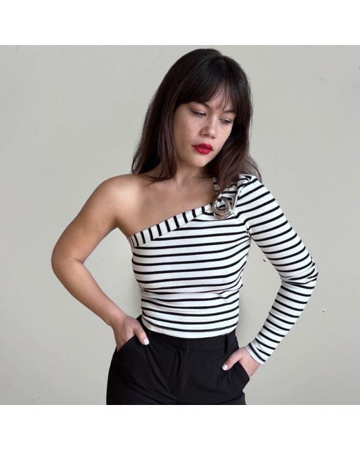 London Atelier Byproduct Multicolor Striped One Sleeve Top With Metal Brooch