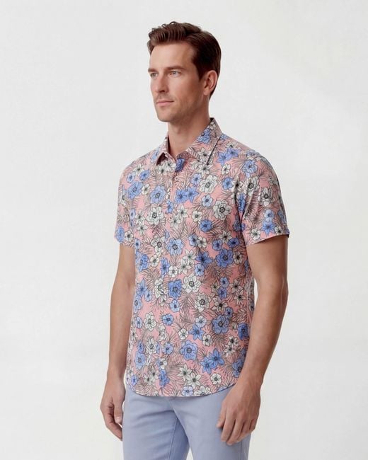 Lords of Harlech Blue Scott Tropical Mix Coral Printed Button Up Shirt for men
