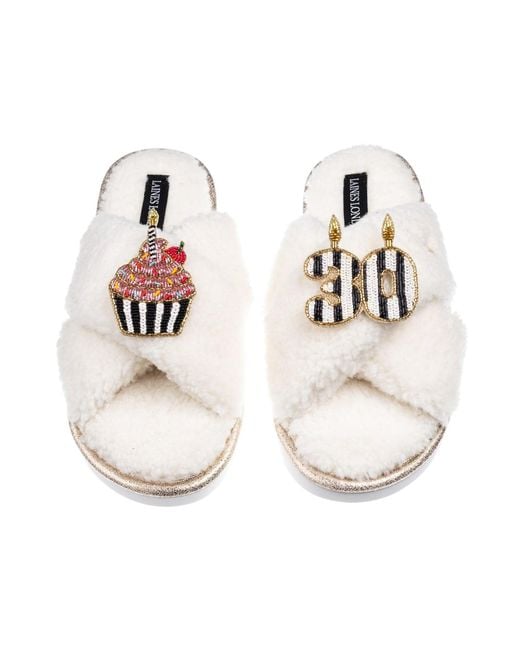 Laines London White Neutrals Laines Neutral Boucle Slippers With Stripe 30Th Birthday & Cake Brooch