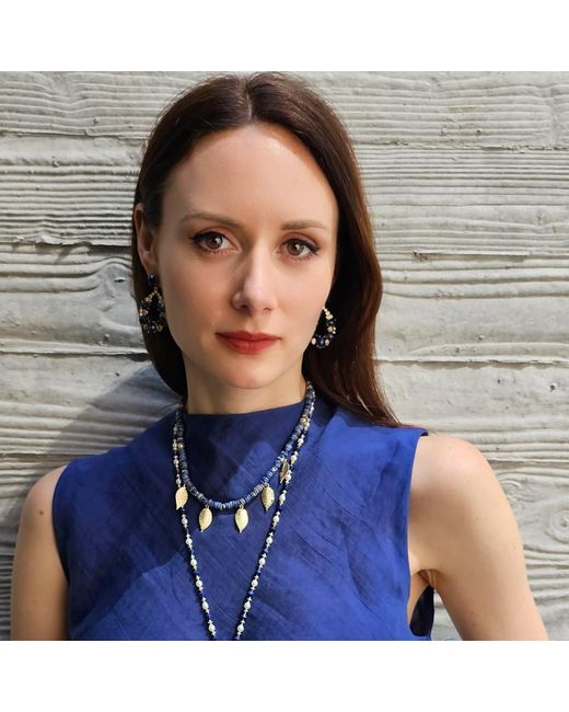 Farra Blue Bohemian Style Sodalite With Leaves Charms Statement Necklace