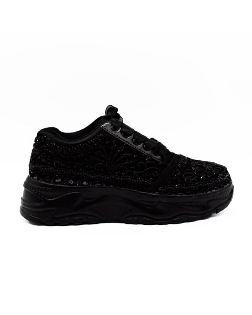 Rettrose Black Iris Luxury Noir Satin Handmade Embellished Trainers