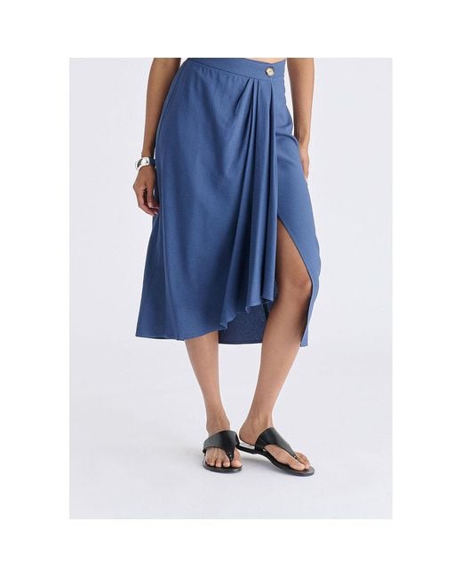 Paisie Blue Draped Wrap Midi Skirt