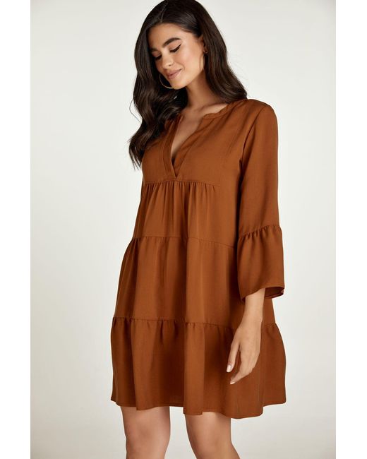 Conquista Brown Chocolate Tencel Gathered Seams Dress