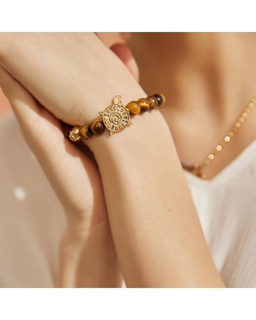 Aurozia Metallic Three Charms Solar Meridian Plated Sundial And The Sun Crystal Tiger's Eye Beaded Bracelet