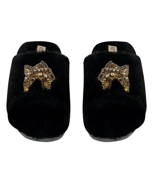Rettrose Black Mae Luxury Plush Diamanté Embellished Handmade Slipper