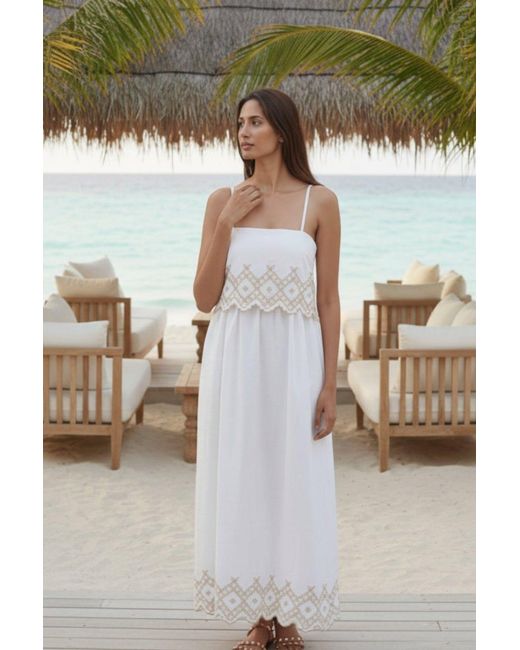 La Mandarine White Embroidered Summer Maxi Dress With Pockets Elena
