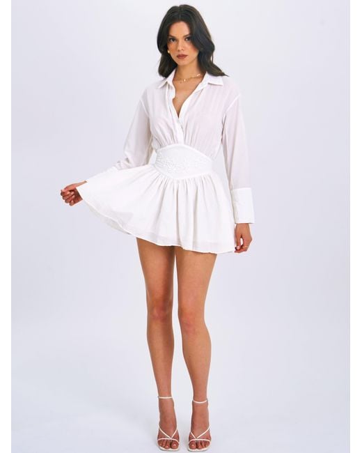 Miss Circle New York White Jamila Shirt Mini Dress With Embroidered Waist Detail