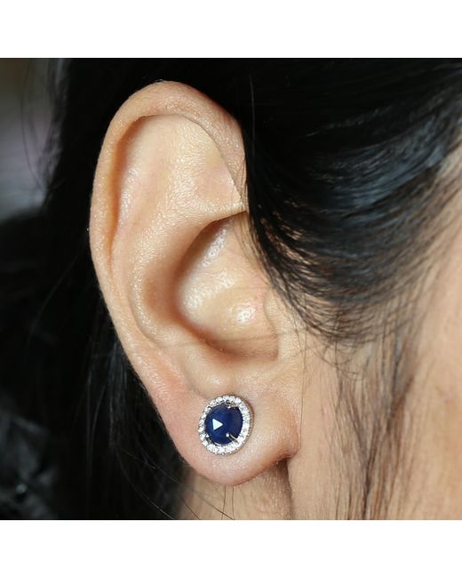 Artisan Blue Sapphire & Diamond Round Stud Earrings