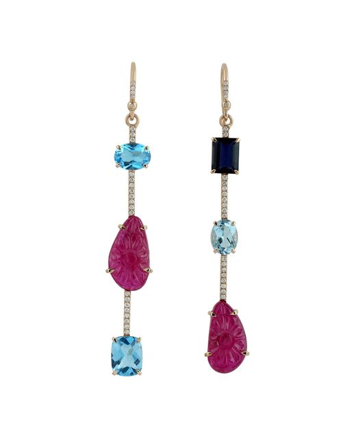 Artisan Pink 18k Rose Gold Prong Carved Ruby & Blue Topaz With Lolite Fancy Dangle Earrings