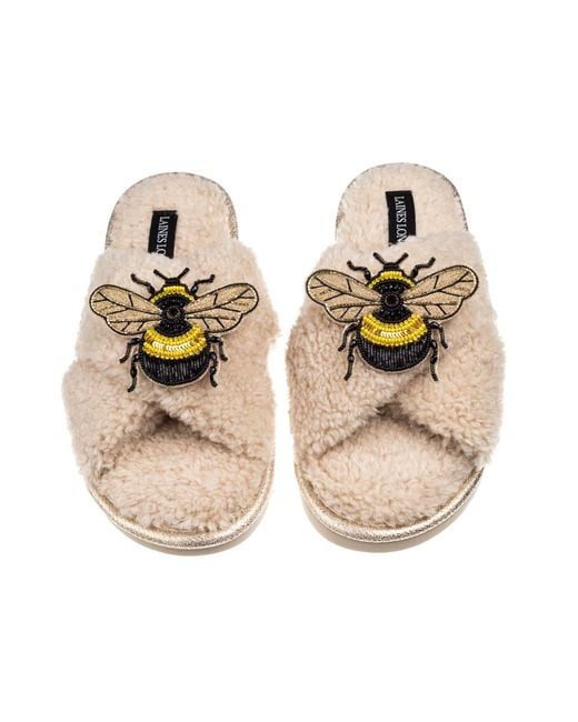 Laines London Metallic Neutrals Laines Neutral Boucle Slippers With Double Honeybee Brooches