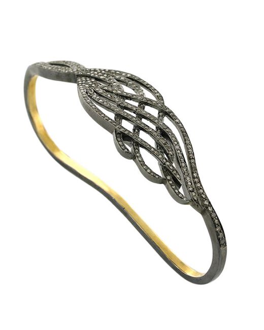 Artisan Green Natural Diamond Pave In 18k Gold & 925 Sterling Silver Wave Design Palm Bracelet