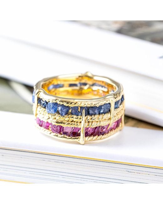 German Kabirski Metallic Tyra Handcrafted Plated Barrel Ring With Raw Sapphire And Ruby