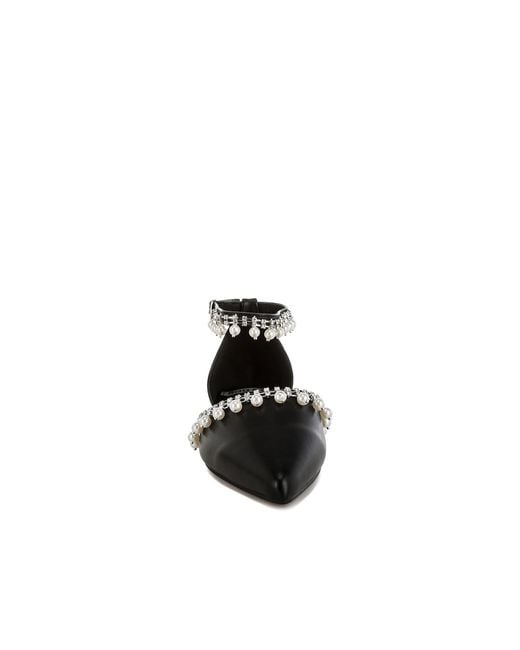 Rag & Co Black Aouva Rhinestone & Pearl Ankle Strap Flat Sandals