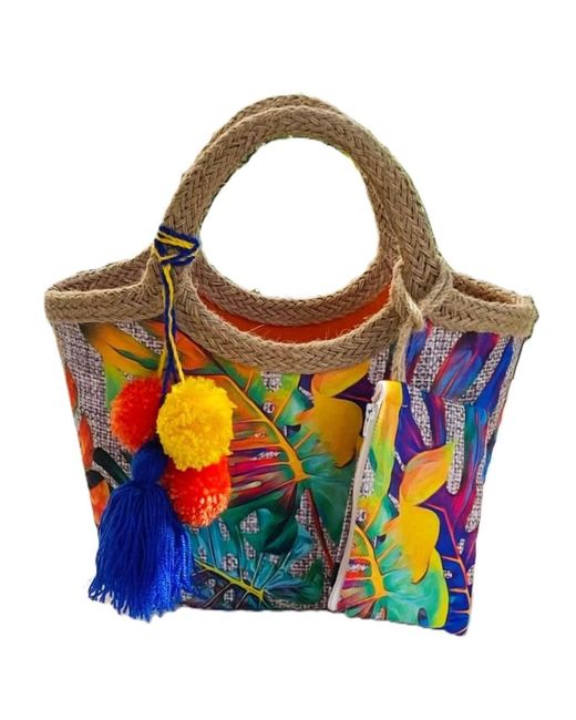 Springmoonatelier Blue Colorful Jute Straw Beach Bag With Tassels