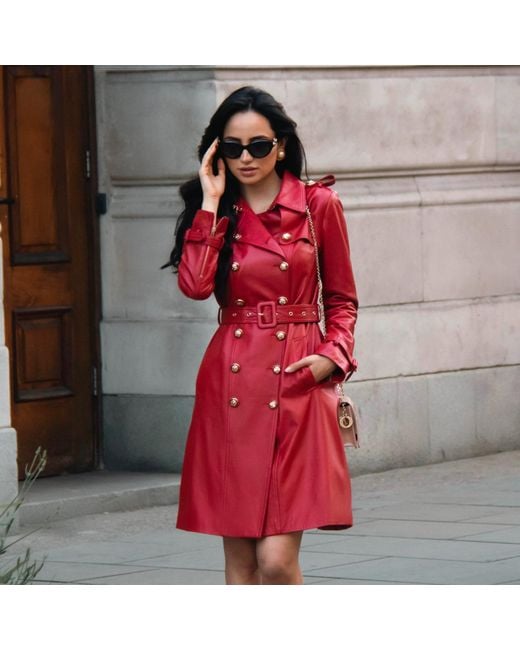 Santinni Red 'Belle Du Jour' 100% Leather Trench Coat