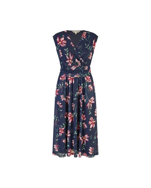 Yumi' Blue Floral Print Mesh Stretch Midi Dress With Pockets