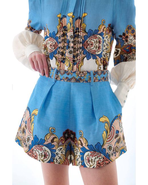 We Are Kindred Blue Evelyn Linen Belt Shorts-Aquamarine Floral