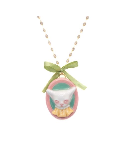 H2 Studio Multicolor Angry Puss Portrait Multi Use Brooch Cubic Zirconia Bead Necklace
