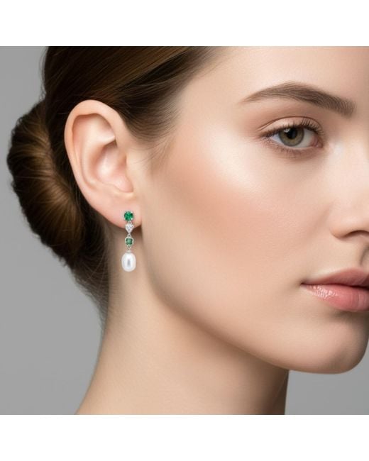 Latelita London White Pearl Whisper Drop Earrings Colombian Emerald