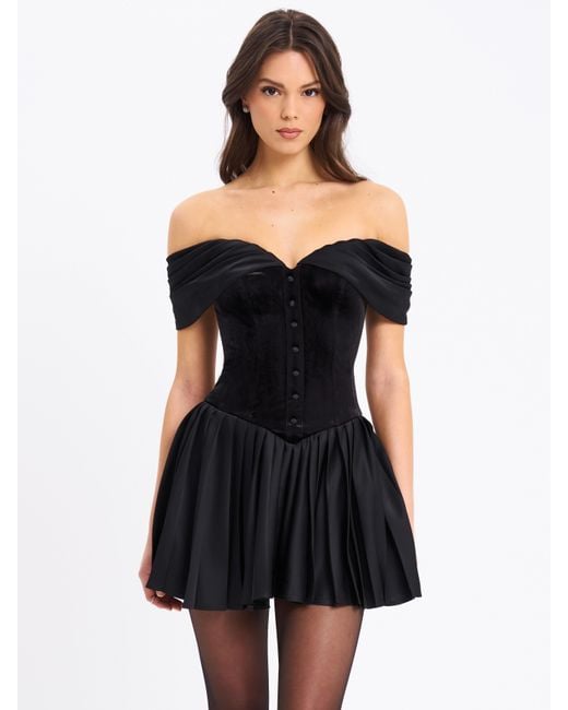 Miss Circle New York Black Echo Velvet Off-Shoulder Pleated Mini Dress