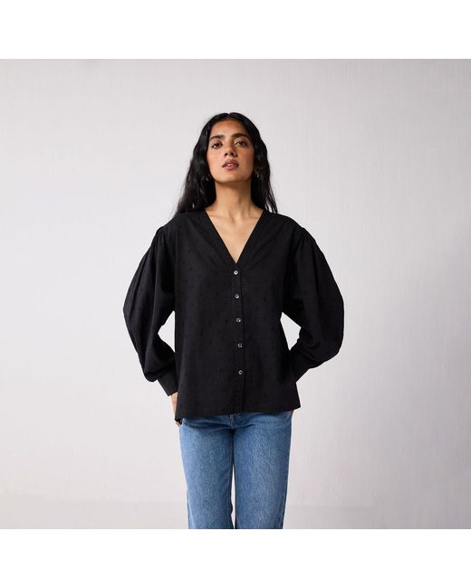 REISTOR Black Embroidered Shirt With Long Balloon Sleeves
