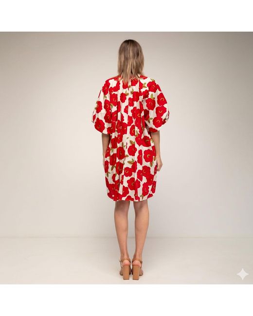 Tantra Spain Sl Red Short Floral-Print Dress With Puff Sleeves And A V-Neck