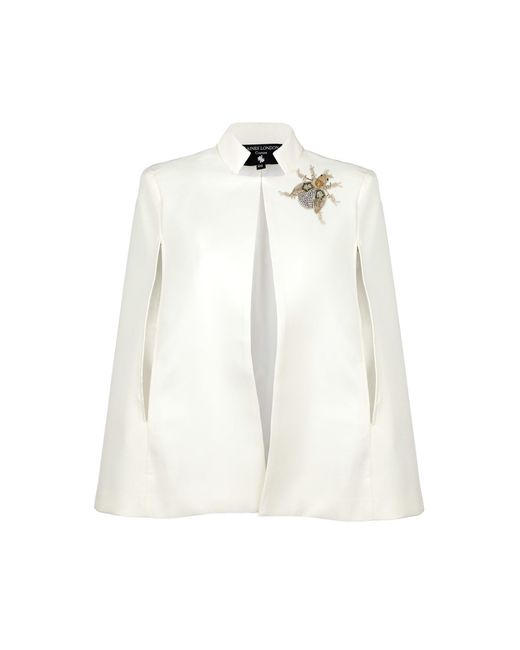 House of Laines London White Neutrals Laines Ivory Couture Tailored Cape With Embellished Beetle Brooch