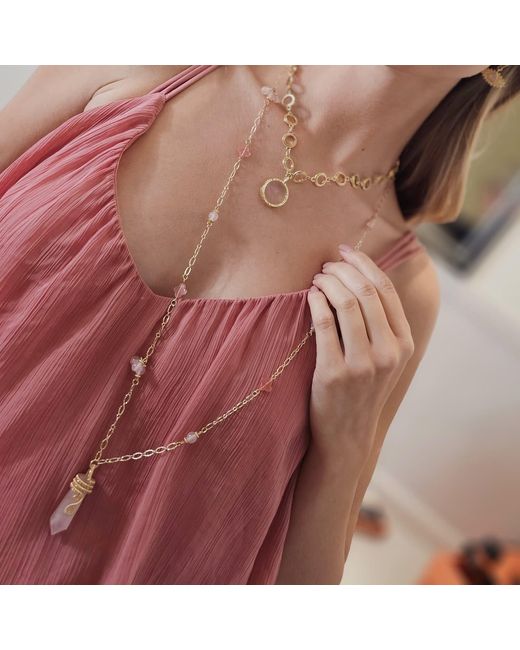 Farra Metallic Wire-Wrapped Rose Quartz Pendant With Watermelon Flower Long Necklace