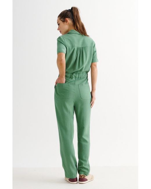 Louche Green Justin Linen Mix Short Sleeve Jumpsuit