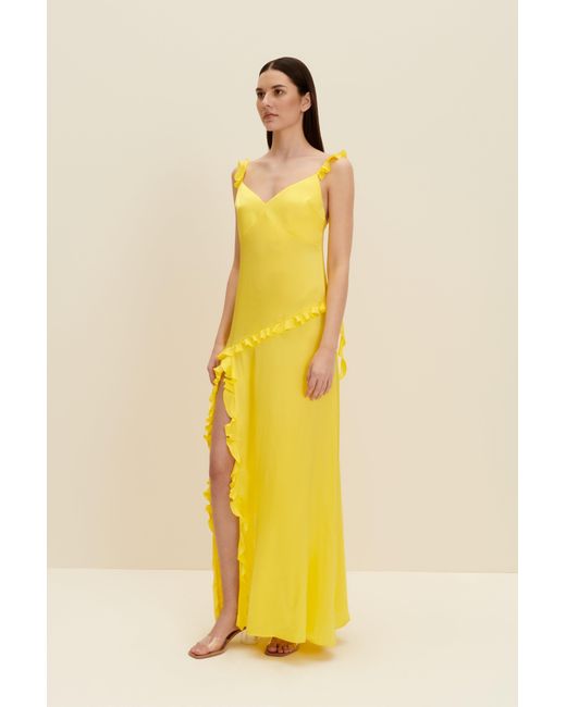 JAAF Ruffled Silk Maxi Dress In Lemon Yellow