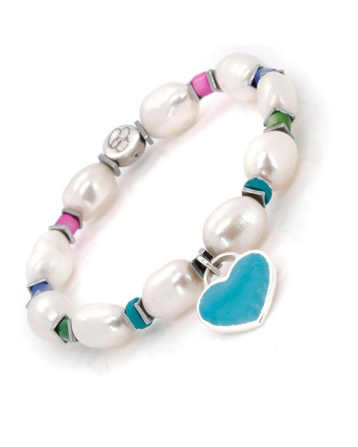 Ebru Jewelry Blue Sterling Enamel Heart Charm Pearl Beaded Bracelet