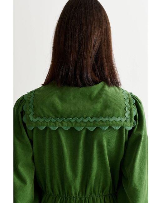 Louche Green Prudence Babycord Big Collar Ric Rac Trim Midi Dress