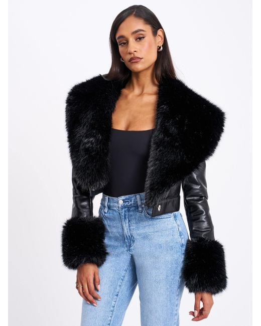 Miss Circle New York Black Ziah Cropped Leather Jacket With Fur Collar