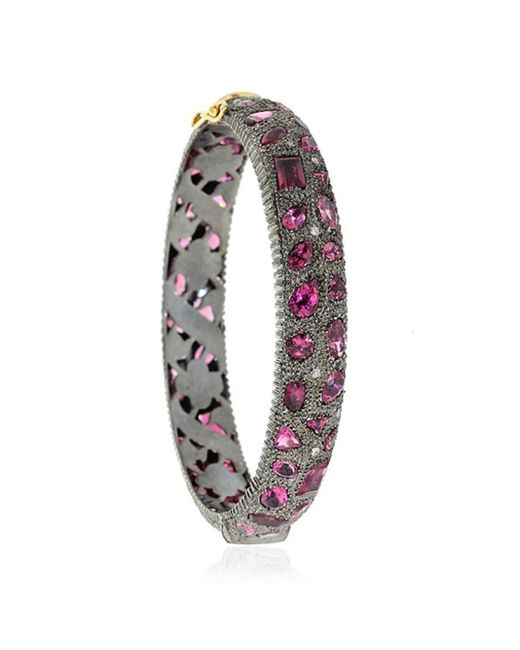 Artisan Purple Diamond With Pink Tourmaline Gemstone In 18k Solid Yellow Gold & Silver Designer Bangle