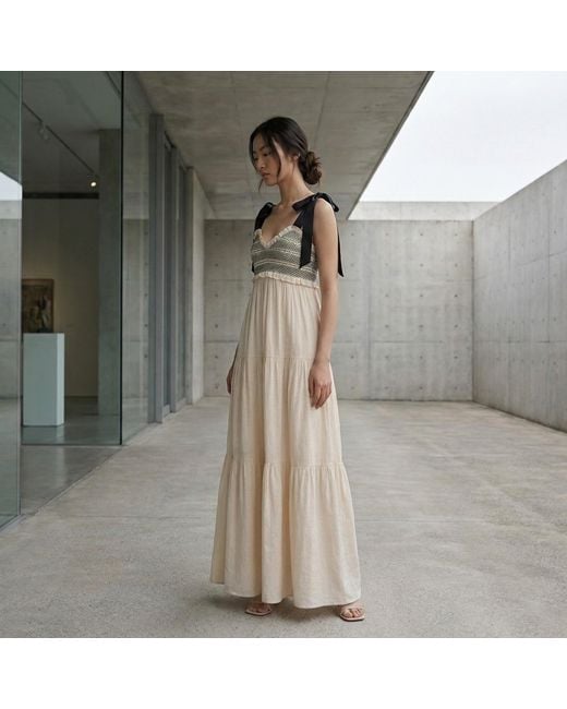 Modenaire Natural Neutrals Lace Trim Maxi Dress Smocked Form