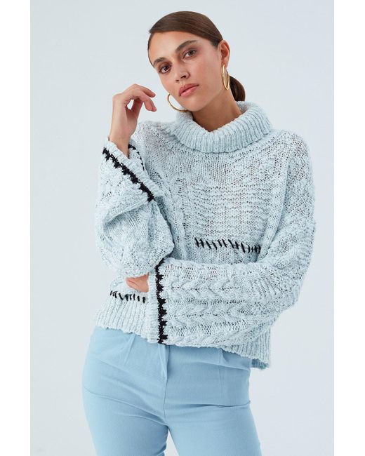 Peraluna Blue Ilda Pure Cotton Embroidered Cable Knit Pullover