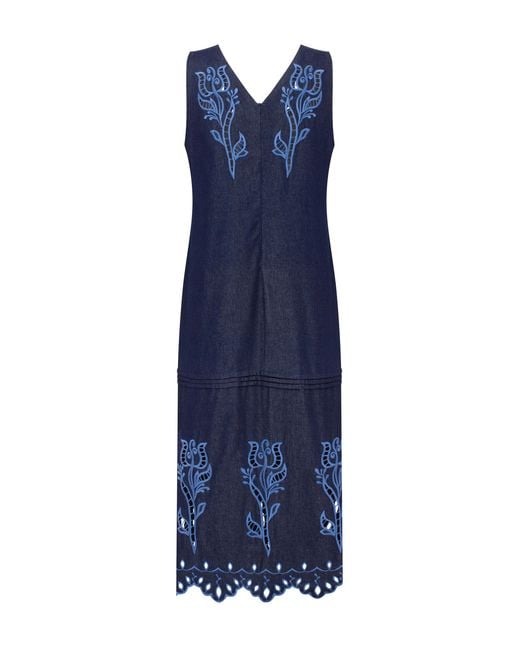 Annabo Blue Midnight Rose Embroidered Cotton Maxi Sundress
