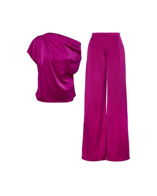 BLUZAT Purple Fuchsia Set With Asymmetrical Draped Top And Wide Leg Trousers
