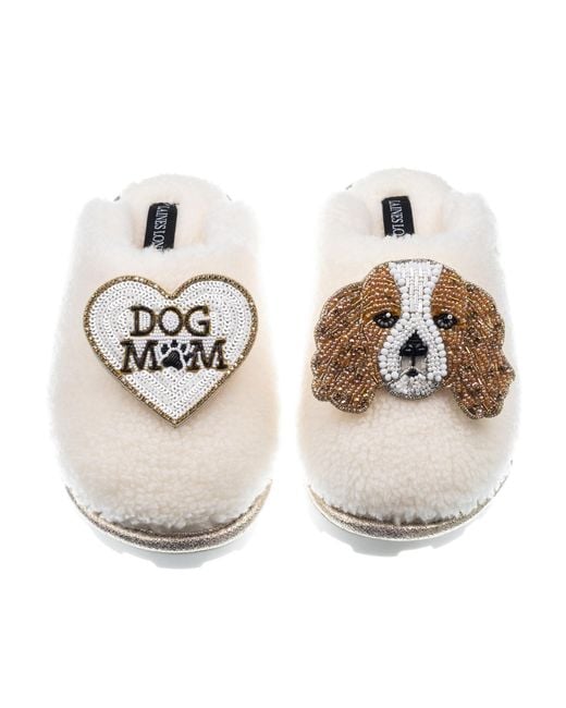Laines London Metallic Teddy Closed Toe Slippers With Lady The Cavalier & Dog Mum Mom Brooches