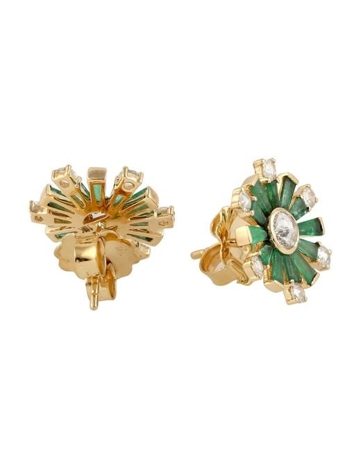 Artisan Green 18k Yellow Gold In Baguette Emerald & Diamond Stud Earrings Handmade Jewelry