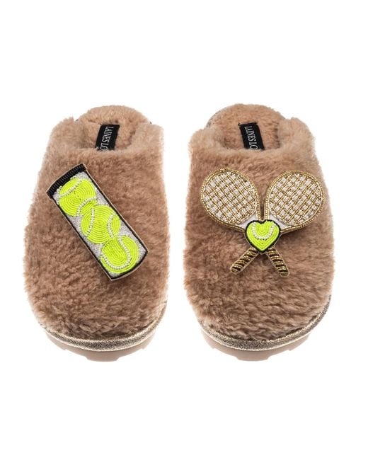 Laines London Orange Neutrals Teddy Closed Toe Slippers With Tennis Lover Brooches