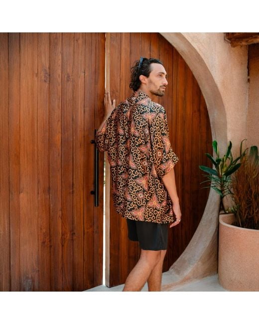 ORIGIN OF HEARTS Brown Reba Floral Summer Festival Satin Kimono Shirt for men