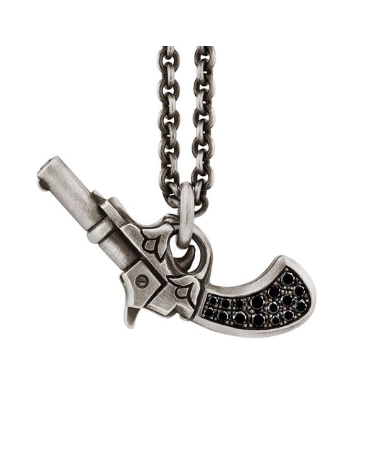 Snake Bones Metallic Gun Pendant In Sterling Silver With Black Diamonds for men